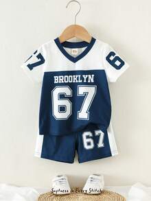 Cozy Pixies Kids Baby Boy Summer V-Neck Short Sleeve Shorts Sports Suit, Letter Print Soft Knit Crew Neck Tee And Elastic Waist Shorts 2-Piece Set, Suitable For Match, Sports, Competition, Basketball, Football, Table Tennis, Baseball, Badminton, Ball Games, Running, Casual Sports, Outdoor Play, Multi-Occasion, Suitable For Summer - Multicolor - View 1