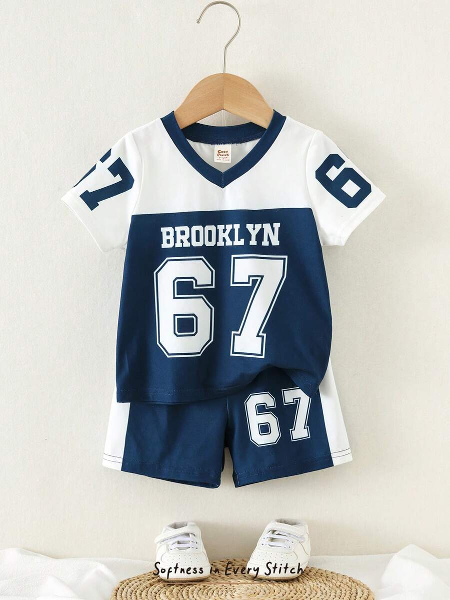 Cozy Pixies Kids Baby Boy Summer V-Neck Short Sleeve Shorts Sports Suit, Letter Print Soft Knit Crew Neck Tee And Elastic Waist Shorts 2-Piece Set, Suitable For Match, Sports, Competition, Basketball, Football, Table Tennis, Baseball, Badminton, Ball Games, Running, Casual Sports, Outdoor Play, Multi-Occasion, Suitable For Summer - Multicolor - View 1