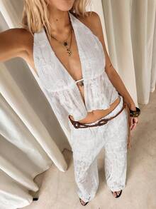 TRNVIE Women's White Summer Boho Vacation Holiday 2-Piece Set,Knit Jacquard Floral Lace-Up Backless Camisole & Wide Leg Drawstring Pants Casual Outfits - White - View 6