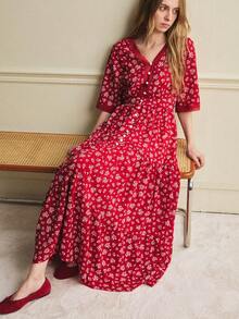 Écloséra 女士夏季通勤迷你碎花腰部花瓣袖连衣裙 - 紅色 - 查看 4