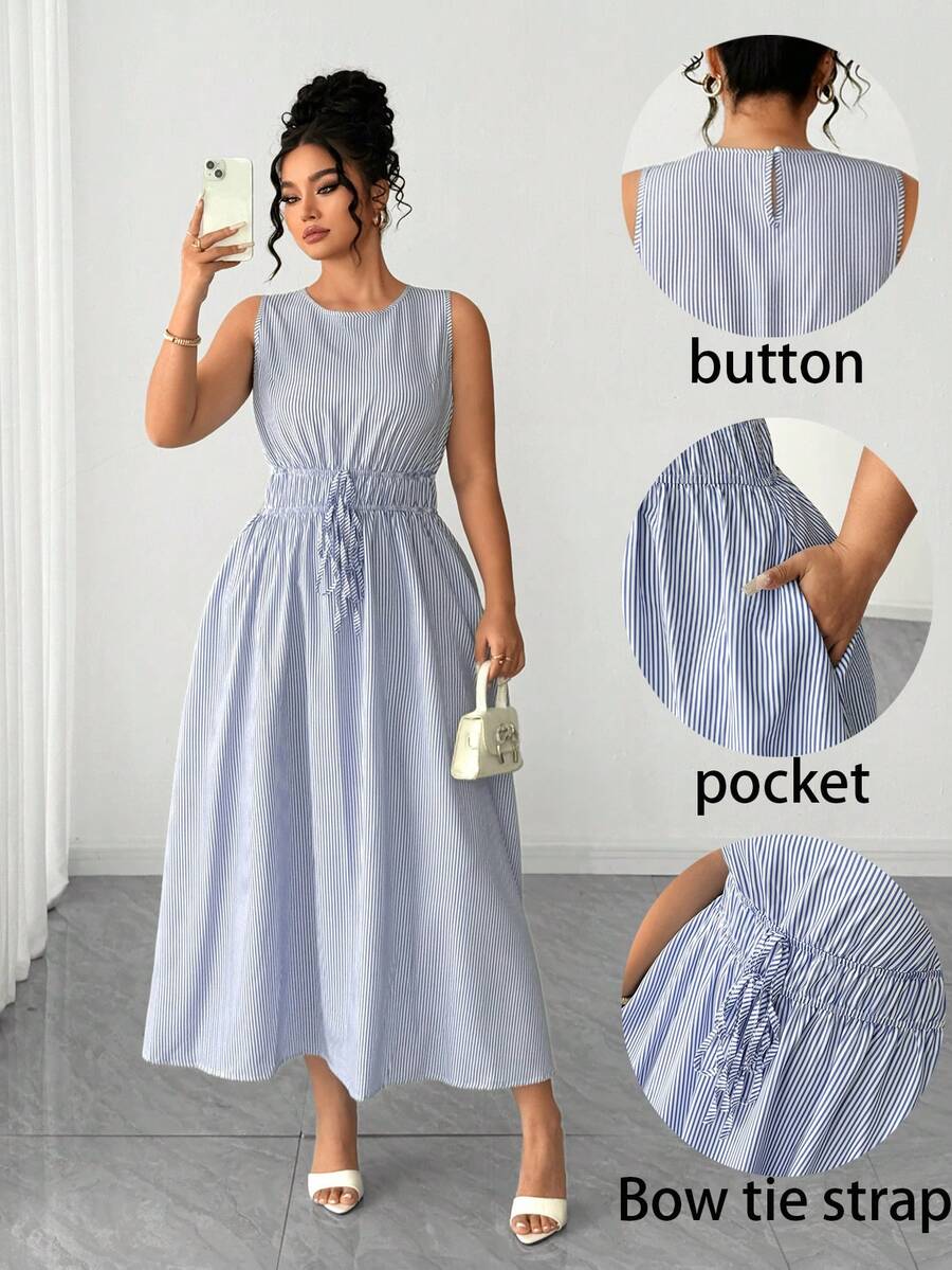 Elenzga 大码女式优雅休闲通勤度假无袖系带条纹中长连衣裙，春夏款 - 彩色 - 查看 1