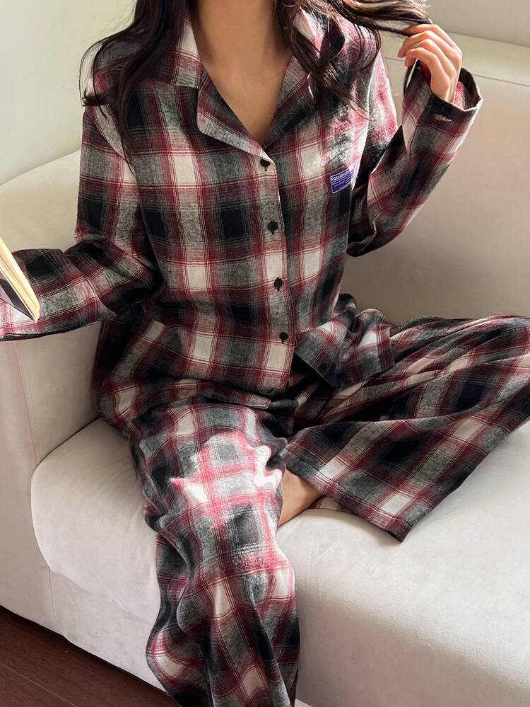 2pcs Women's Plaid Pattern Loose Cardigan Long Sleeve And Long Pants Sleepwear Set, Spring