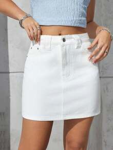 SHEIN PETITE 女士休闲日常通勤简约百搭牛仔半身裙，夏季 - 白色 - 查看 3