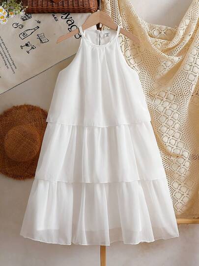 Vintaside Kids Tween Girls' Sweet Airy White Solid Color Halter Neck Dress, Suitable For Daily Outings, Casual Outings, Family Gatherings, Beach Vacations, Dance Theme Occasions