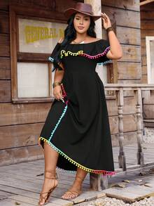 LanaWest CURVE Plus Size Summer Casual Off Shoulder Dress With Pom Pom Trim - Black - View 5