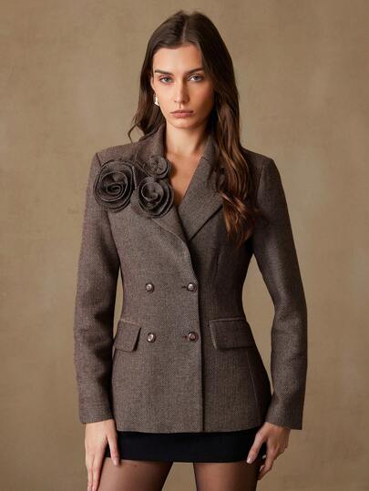 Aveloria Rosie Fashionable Design Sense Casual Commute Utility Stand Collar Belt Decor Pocket Design Slim Herringbone Long Sleeve Blazer