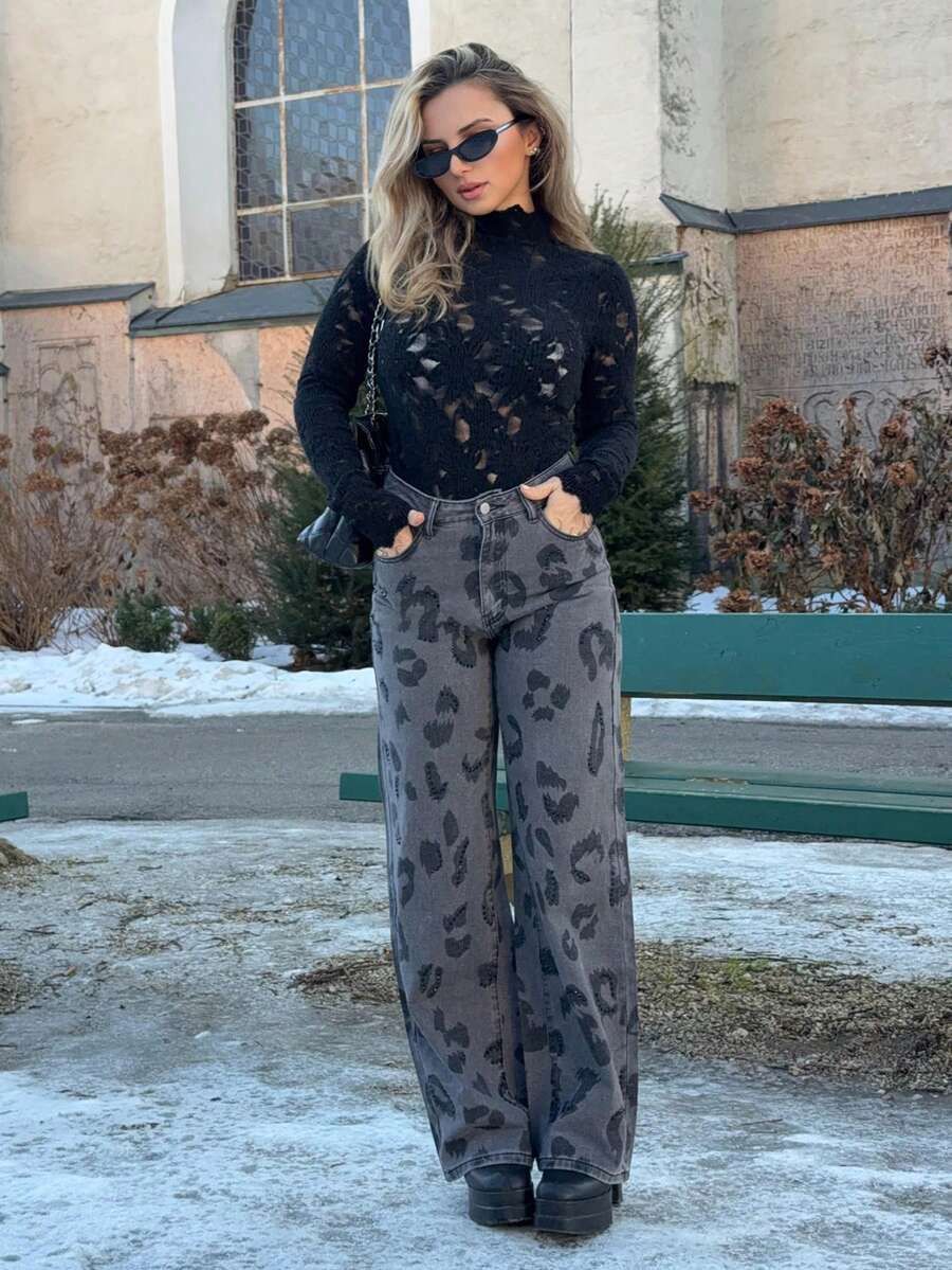 Jeta Ari Women's Fashion Leopard Print Belted Casual Rhinestone Embellished Jeans - Dark Grey - View 1