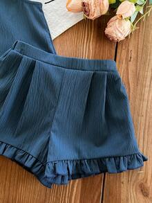 SHEIN 女婴可爱夏季度假休闲蓝色荷叶边背心短裤套装 - 藍色 - 查看 6