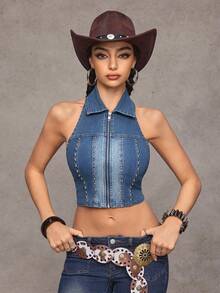 SHEIN Jeanoir Áo khoác denim ngắn tay không tay thời trang mùa hè kiểu Y2K dành cho nữ, có khóa kéo. - Rửa trung bình - Xem 3