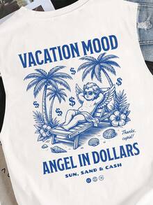 Manfinity Joysei Men's Round Neck Angel Letter Print Casual Versatile Top, Suitable For Leisure, Vacation And Outings - White - View 4