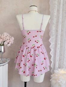 Bellisia 女士最新款时尚吊带泳衣连衣裙，带钢圈，粉色格子樱桃印花，适合春夏海滩穿着 - 粉色 - 查看 2