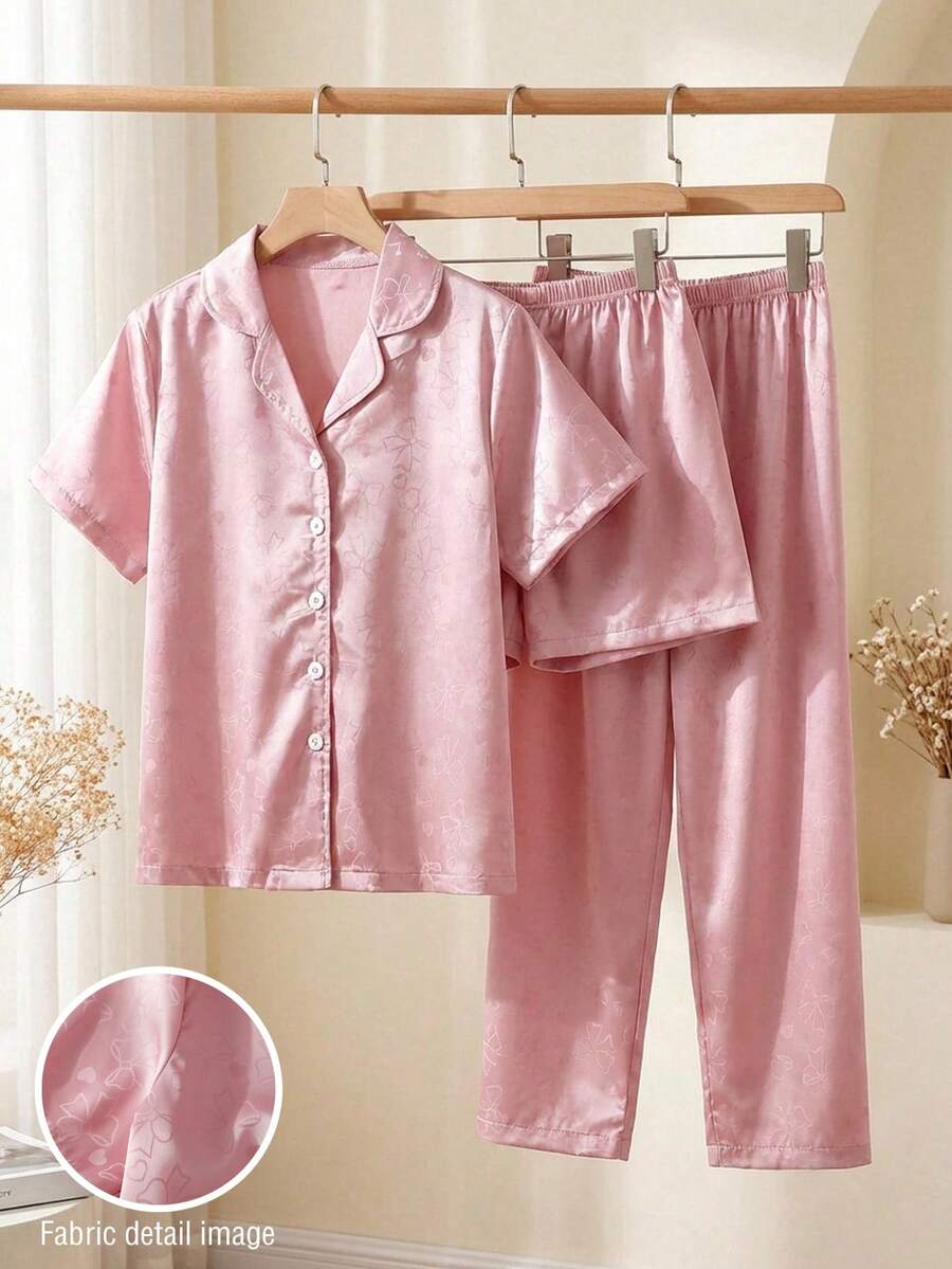 Conjunto de pijama con top de manga corta y pantalón corto con estampado de lazos para niñas preadolescentes en color rosa - Rosa - Ver 1