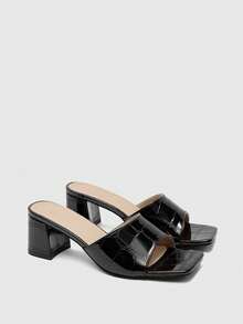 CUCCOO BIZCHIC Women Shoes Spring And Summer New Fashion Versatile Thick Heel Square Toe Crocodile Pattern Black PU Leather High Heel Sandals Commuter Party Wear - Black - View 7
