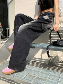 Women's Low Waist Loose Straight Leg Washed Casual Jeans - Black - View 2