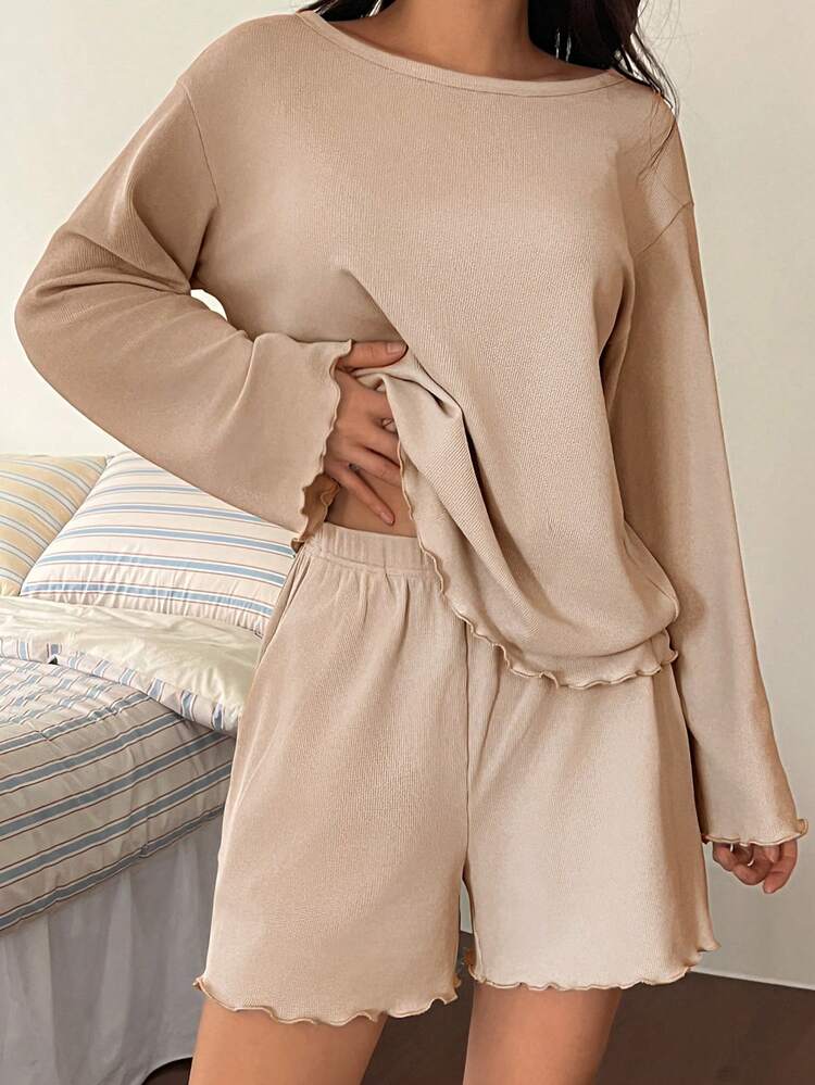 2pcs/Set Women Loose Solid Color Long Sleeve T-Shirt And Shorts Pajama Set, Suitable For Summer And Autumn