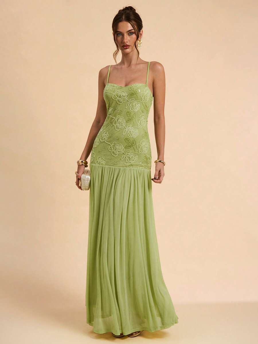 SHEIN BAE Vestido largo sin mangas con parches de malla de jacquard de terciopelo con estampado floral y frutas de primavera y verano, elegante vestido para invitada de boda, vestido verde, vestido elegante, vestido de vacaciones, vestido para fiesta de cumpleaños, vestido para volver al colegio/graduación - Verde - Ver 1