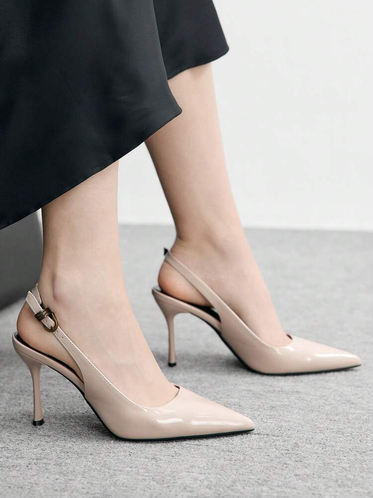 CUCCOO BIZCHIC Women's Pointed Toe Patent Leather Apricot Backless Ankle Strap Fashionable Versatile Sexy Metal Buckle Stiletto High Heel Sandals Spring Shoes