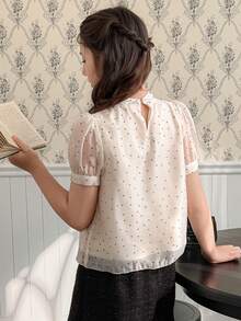 DAZY 少女波点印花蝴蝶结装饰短袖衬衫 - 杏色 - 查看 5