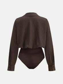 Airaco Plus Size Women Casual Striped Button-Up Long Sleeve Bodysuit - Brown - View 2