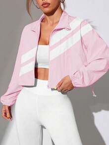 Easithlete 多色拼接拉链运动夹克，带抽绳下摆，适合春秋季节 - 淺粉色 - 查看 4