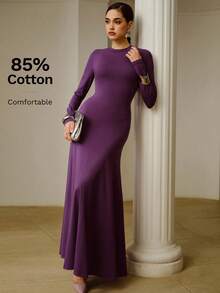 ZEYLAH 85% Cotton Turtleneck Long Sleeve Fitted Dress, Spring - Purple - View 6