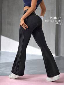 Flexra Women's Casual Washed Double Pocket Flare Leg Jeans - Black - View 2