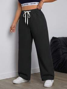 SHEIN ICON 大码女式抽绳腰带口袋阔腿宽松休闲牛仔裤 - 黑色 - 查看 6