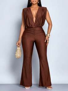 SOLERSUN Women's Plus Size Elegant New Fashion Solid Color Ruched Deep V-Neck Sleeveless Jumpsuit, Suitable For Vacation And Office Commute - Coffee Brown - View 5
