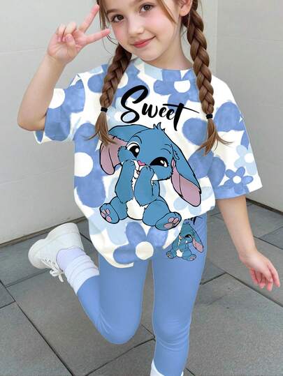 SHEIN Kawaii Cartoon Blue Rabbit Stitch Pattern, Ballerina Style, Blue Gradient Floral, Young Girls Casual Tight Shorts 2-Piece Set, Korean Style, Homecoming, Easy Comfort, Stylish Kids, Spring & Summer Outfits, Casual Wear, Baby & Kids Graphic Tops, Summer New Style, Spring & Summer Fashion, Casual Campus Sports Style, Outdoor Picnic, Street Style, Home, Campus