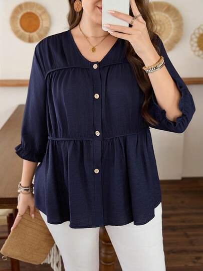 Lacomfia 大码女式时尚长袖褶裥前抽绳长袖衬衫