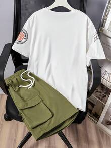 2 pezzi/Set Maglietta grafica casual e pantaloncini cargo con vestibilità ampia per ragazzi adolescenti - Verde militare - Visualizzare 2
