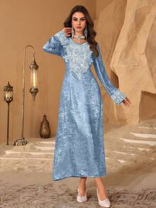 Al Najma New Arrival Metallic Gold Embroidered Mesh Trim Luxurious Turkish Abaya - Dusty Blue - View 8