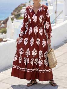Breezaya Women's Elegant Vacation Dress, Burgundy Color With All-Over Floral Print, V-Neck, Long Sleeve, Waist Cinched, Flared Hem - Burgundy - View 4