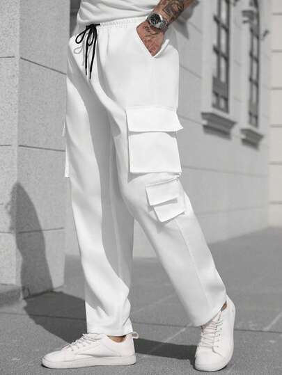 Manfinity CasualCool 男士纯色抽绳腰简约日常阔腿裤长款纯色全白裤子，适合外出，适合秋季