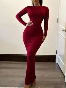 INAWLY Solva Đầm suông dài tay cổ tròn màu trơn mùa thu thanh lịch cho nữ - Màu Đỏ Sâu - Xem 5