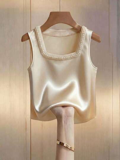 SHEIN Franclia Women's French-Style Elegant Knit Square Neck Sleeveless Vest In A Champagne-Colored Satin Satin With Faux Pearl Embellishments;Sequined Vest, Sparkly Top;Summer Vest, Summer Top, Summer;New Summer Women's Vest.Fashionable Casual Commuter Wear, Business Office Wear, Versatile And Stylish Everyday Casual Wear, Urban Teacher's Professional Attire
