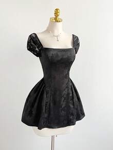 Elamini Fashionable Sweet Date Satin Jacquard Contrast Lace Sexy Backless Mini Dress - Black - View 1