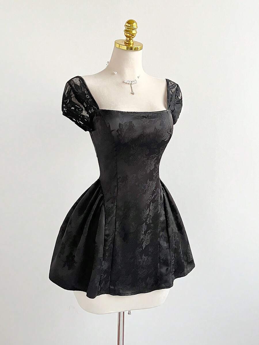 Elamini Fashionable Sweet Date Satin Jacquard Contrast Lace Sexy Backless Mini Dress - Black - View 1