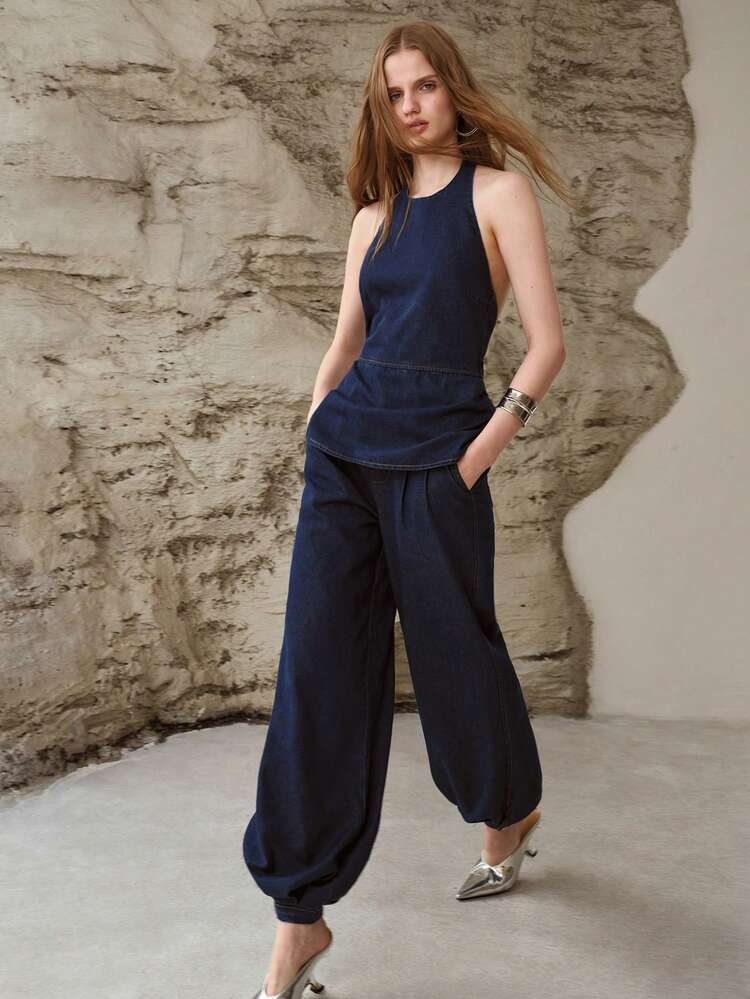 OPEN BACK HALTER DENIM TOP