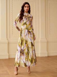 ZEYLAH Elegant Knit Mesh Printed Ruched Fitted Dress, Spring/Summer - Light Yellow - View 4