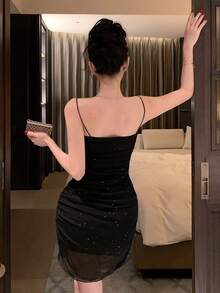 DAZY Women's Sequin Contrast Mesh Bodycon Slip Dress, Suitable For Back To School Season - Black - View 5
