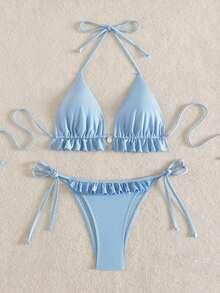 Swim Mod Swim Suits For Women Women's Summer Beach Solid Color Ruffle Trim Halter Neck Tie Two Pieces Bikini Set - Blue - View 4