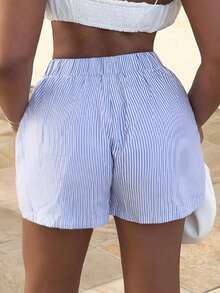 Alexandranx Shorts con estampado de rayas de cintura elástica - Azul y blanco - Ver 2