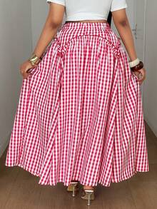 Maweii Plus Size Plaid Pleated Long Skirt, Summer Fall - Red and White - View 3