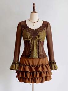 ROMWE Fairycore 仙女风蕾丝拼接荷叶边长袖修身女式上衣 - 棕色 - 查看 3