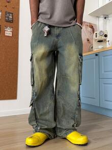 STEELVANCE Quần jeans cargo ống đứng rộng rãi, kiểu dáng vintage, nhiều túi, thời trang đường phố. - Màu xanh bụi bặm - Xem 4