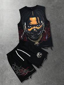 ROMWE MEN Street Life Men's Graphic Tank Top And Shorts Set, American Street Style Portrait & Text Print, Distressed - Black - View 4
