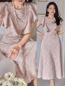 DAZY Vestido de mujer elegante de cuello redondo y largo medio con volantes texturizados, vestido de invitada de boda de verano - Rosa - Ver 7