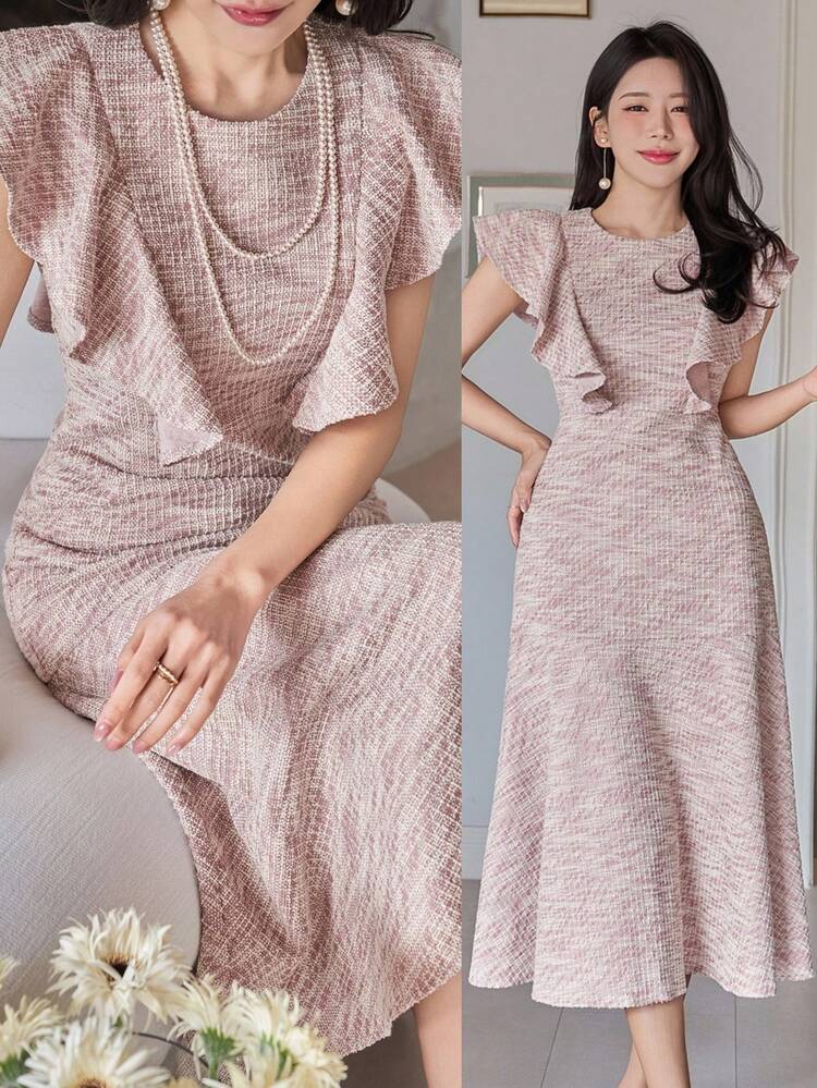 Women's Elegant Textured Ruffle Hem Round Neck Mid-Length Dress, Summer Wedding Guest Dress Sundress