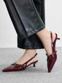 CUCCOO BIZCHIC Tacones altos de charol burdeos con correas cruzadas decorativas, versátiles para uso diario y el trayecto al trabajo - Burdeos - Ver 2